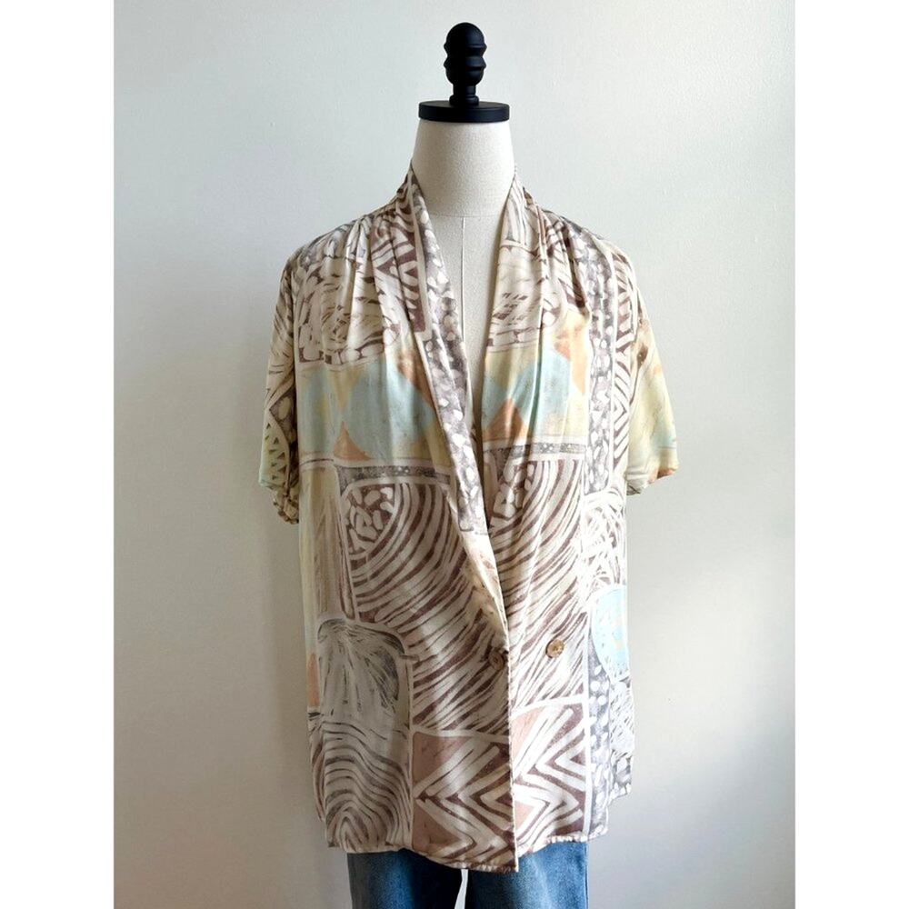 Vintage 70s Rayon Blouse | Draped Abstract Wrap Top | Neutral Print | L